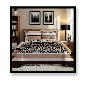 (New in Package)Leopard Print Full/Queen Size Quilt Set - Black and Gold